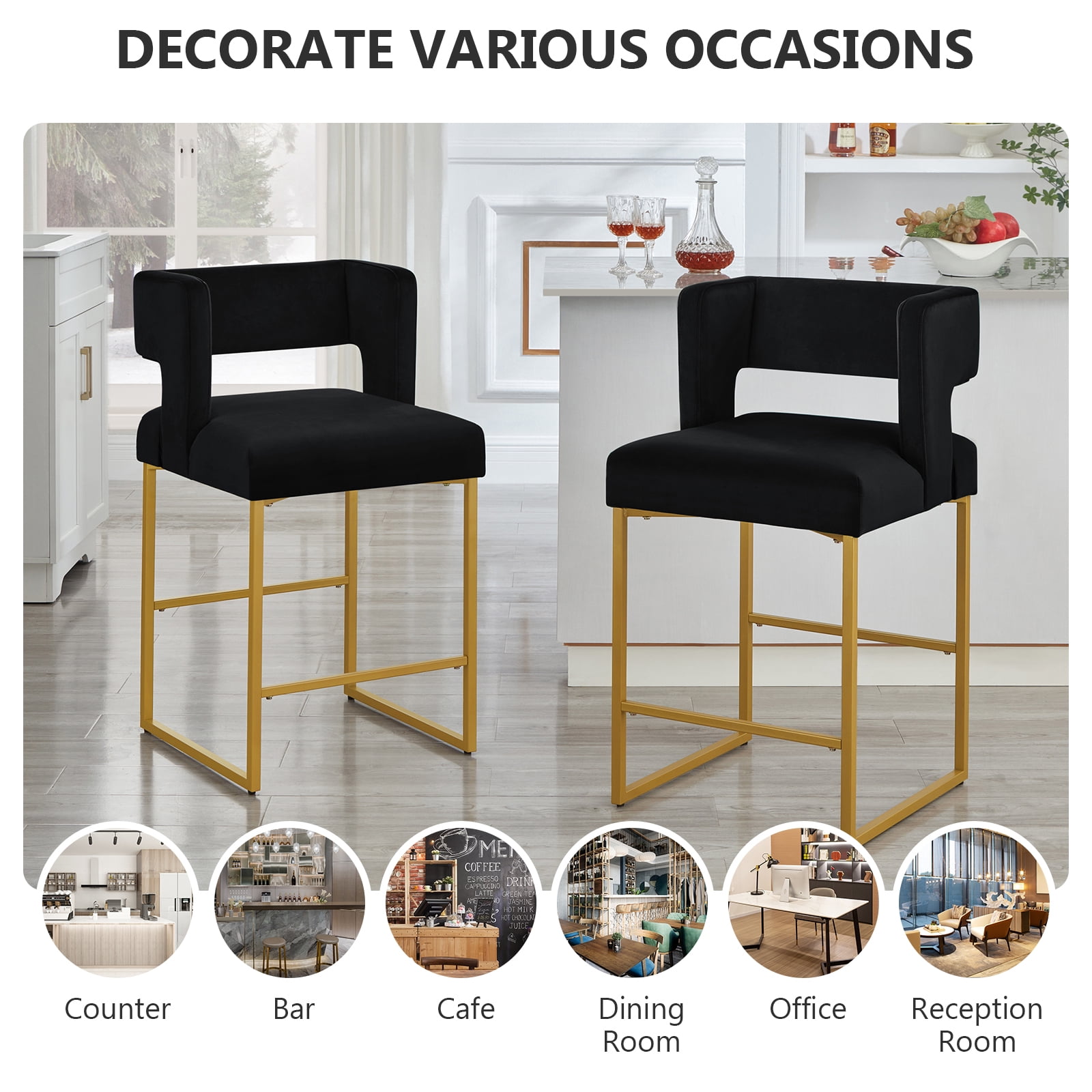 Lecut 26" H Counter Height Bar Stools Set of 2, Modern Velvet Bar Stools with Square Open Backrest and Gold Metal Frame, Kitchen Counter Stools for Island, Home Bar, Pub,Black+Gold
