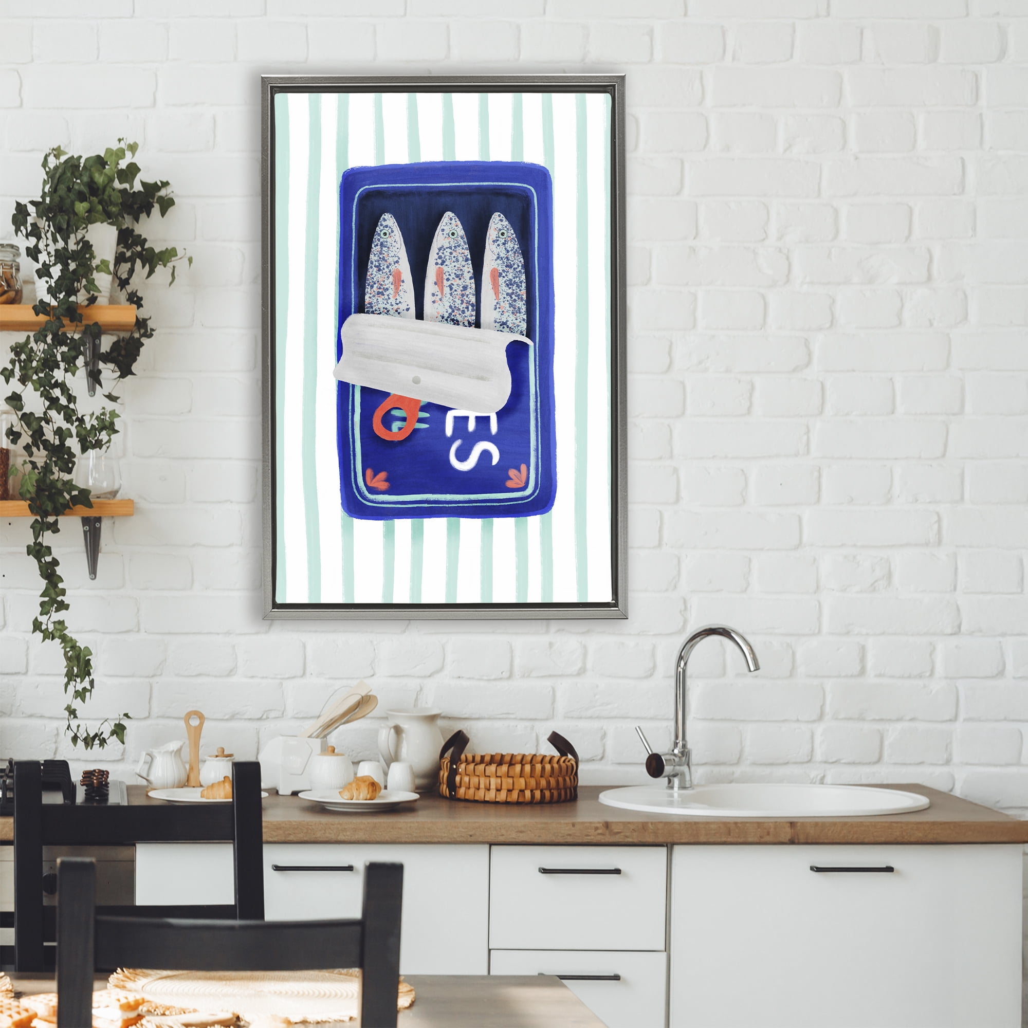 Stupell Industries Blue Sardines on Stripes Gray Framed Floater Canvas Wall Art, design by Metka Hiti