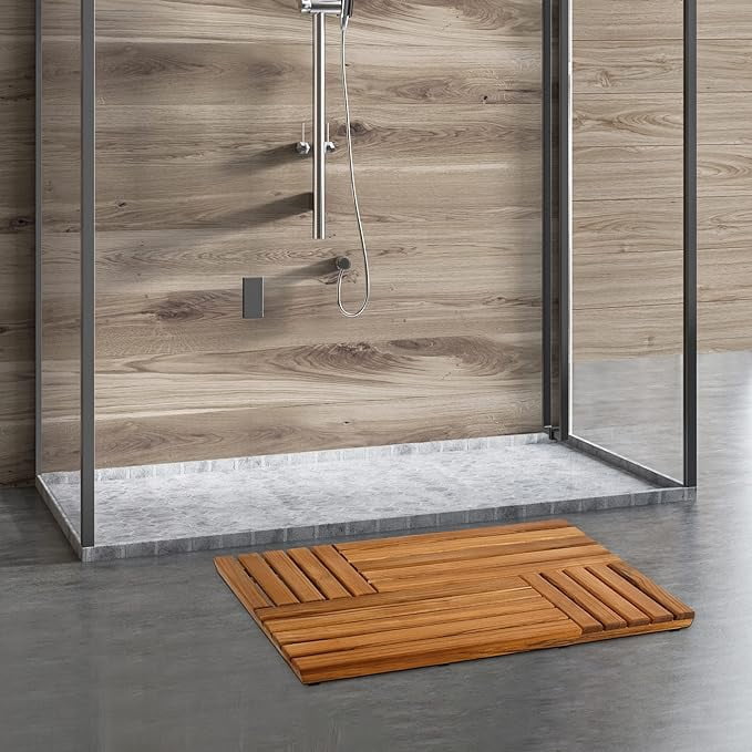 Utoplike Teak Wood Bath Mat, 32 x 20 inch Large Wooden Shower Mat for Bathroom, Non Slip Wood Floor Sturdy Mat for Inside Shower Luxury Spa Home or Outdoor