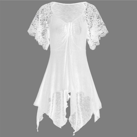 Cinch Waist Womens Top Women Bandage High Waist Short Sleeve Lace Floral Patchwork Irregular Hem Mini Dress Blouse Tops ()