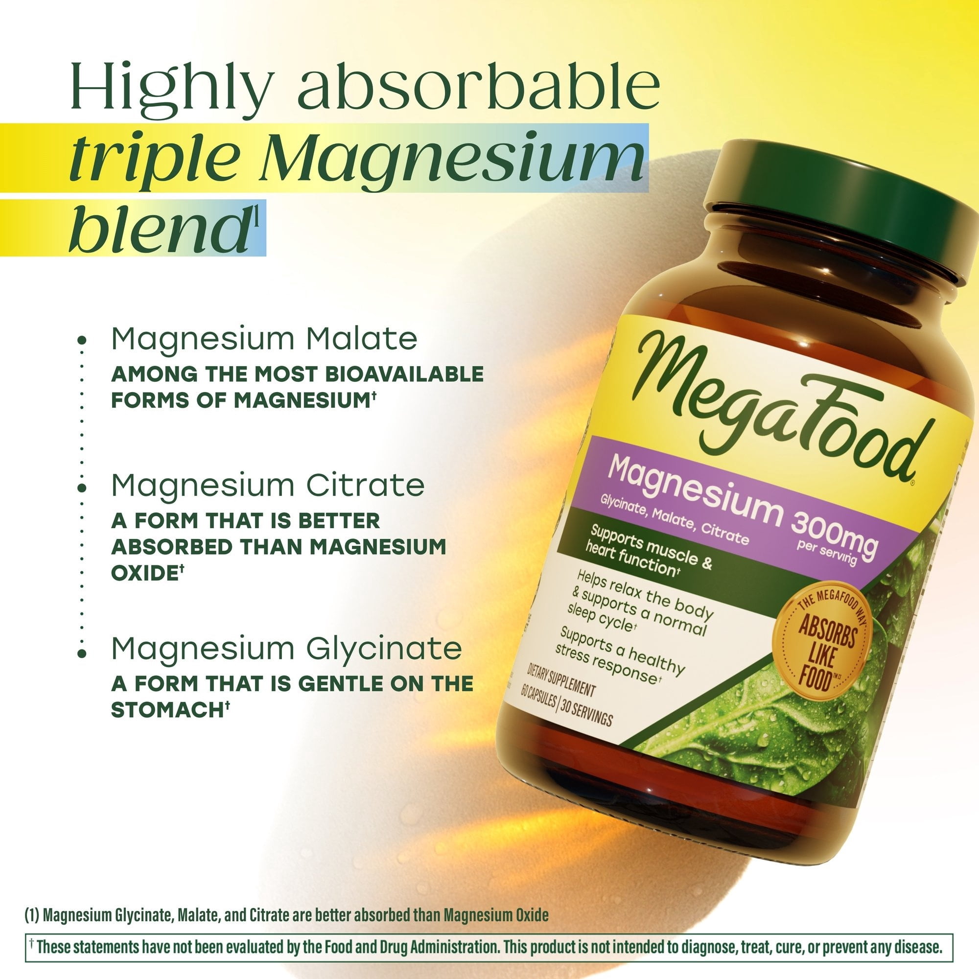(3 pack) MegaFood Magnesium 300mg - Glycinate, Citrate, Malate for Heart, Bone, Nerve Health & Normal Sleep Cycle - 30 Servings