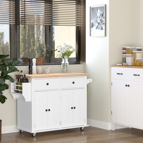 Rolling Kitchen Island Cart with Rubberwood Top, Spice Rack and Drawers for Small Spaces, White MDF