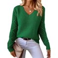 thumbnail image 3 of Women V Neck Knit Hollow Openwork Lantern Long Sleeve Ribbed Cuff Loose Fit Knit Pullover Sweater Green M, 3 of 8