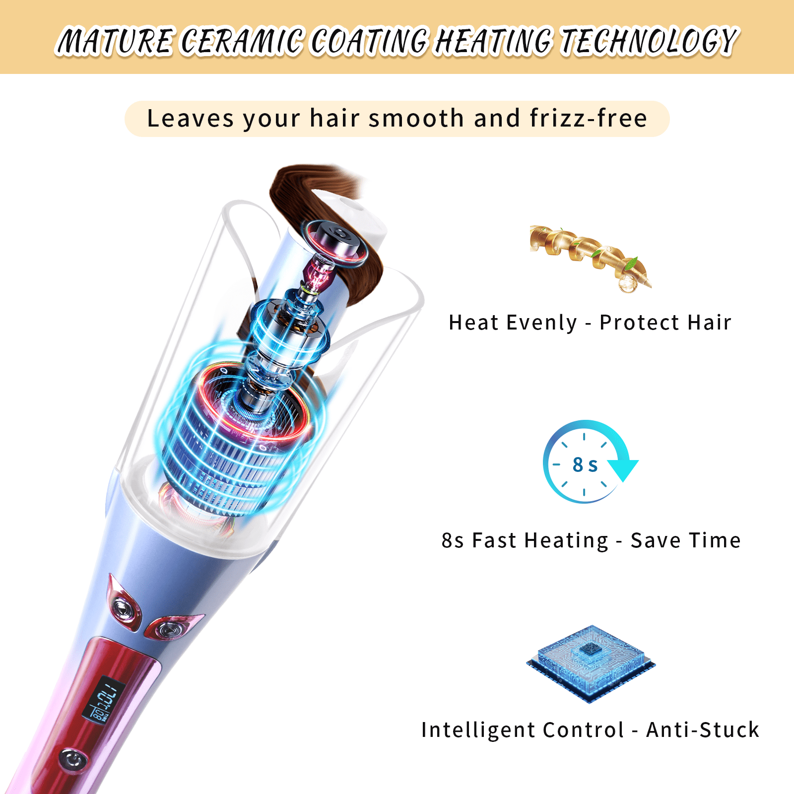 Automatic Hair Curling Wand Set - Gradient Color, Plastic-Ceramic-Metal Build, 13.97X4.72X2.48 Inch, with Comb & 2 Clips