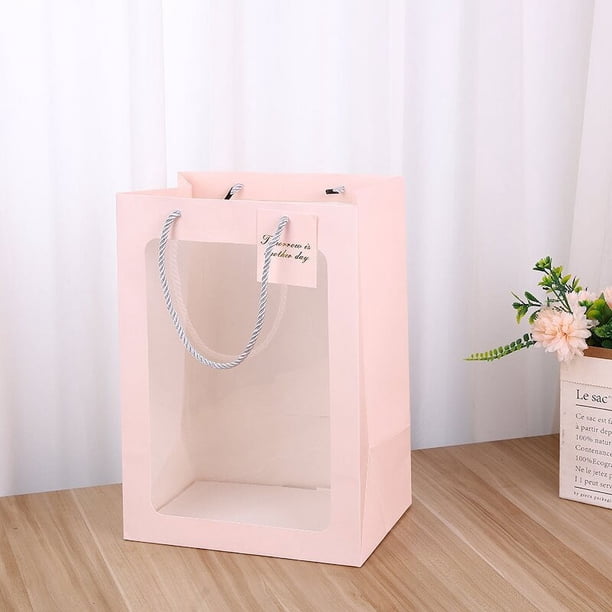Zhuge 12 bolsas de regalo transparentes para el Día de la Madre con ventana, bolsas de regalo transparentes con asa, bolsas inferiores de 13,8 x 9,8 x 5,9 pulgadas (rosa)