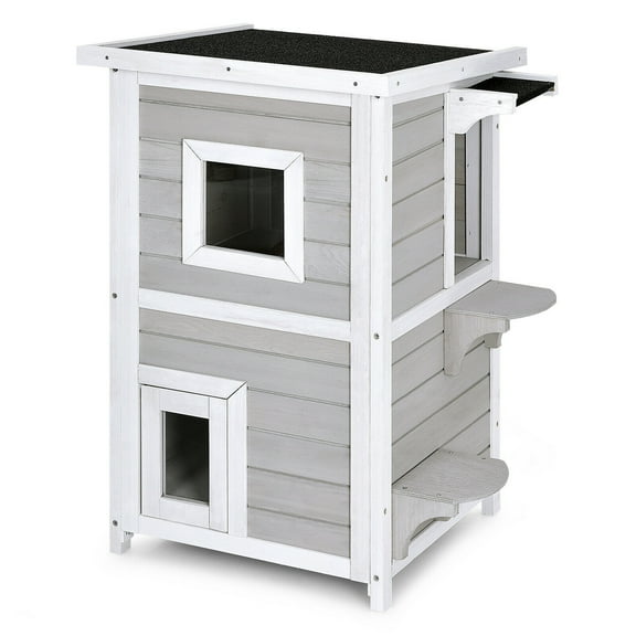 Gymax 2-Tier Wooden Cat House Outdoor Kitty Shelter w/ Escape Door Rainproof