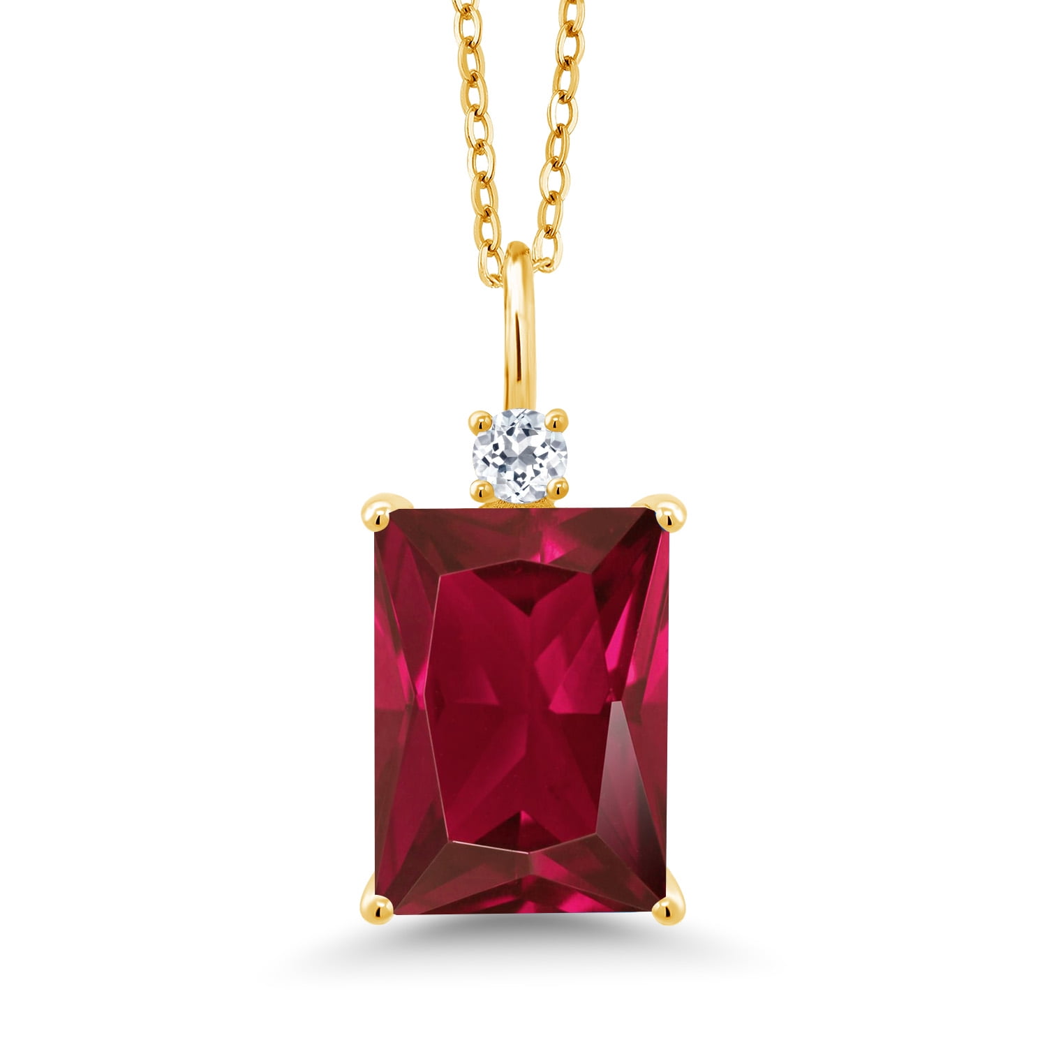 Gem Stone King 5.14 Ct Red Created Ruby White Topaz 18K Yellow Gold Plated Silver Pendant