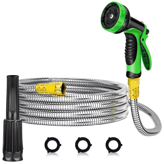 LOVFEN 25FT Garden Hose Metal heavy duty stainless steel with 9 function nozzles Kit, no twist, flexible lightweight hose for yard, outdoor, RV, pet cleaning