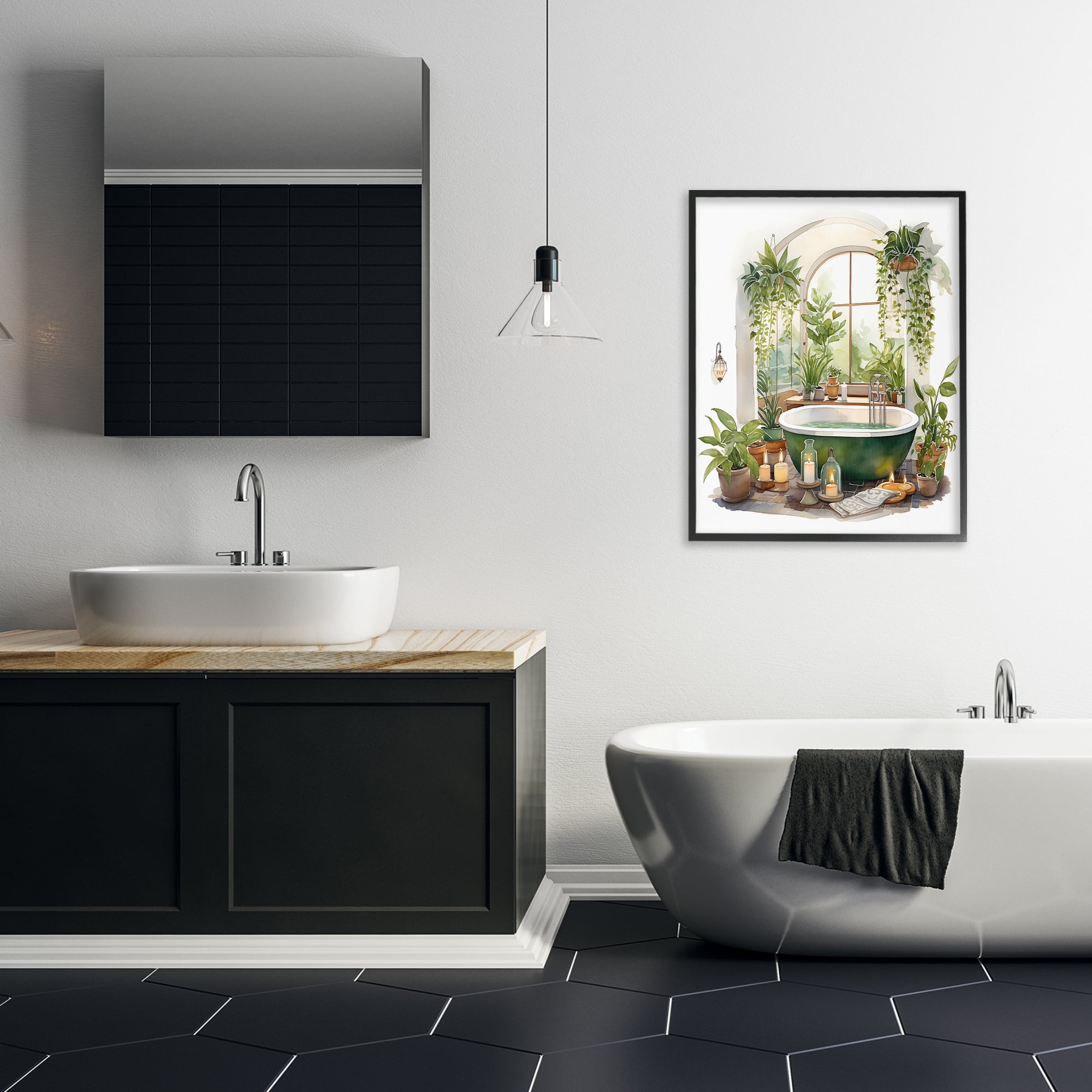 Tranquil Tub with Candles & Greenery Black Framed Giclee Art, design by Lettered and Lined