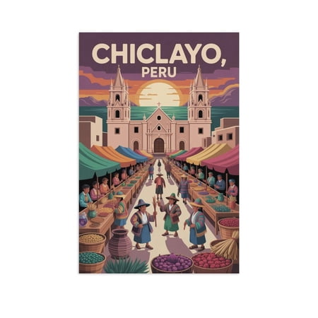 Chiclayo Peru Vintage Travel Poster with Magical Marketplace And Dusky Sky Canvas Poster