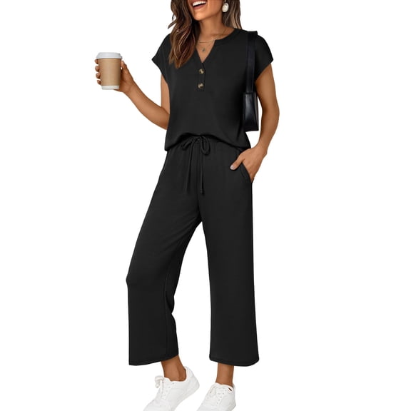 2 Piece Lounge Sets Women Henley Cap Sleeve Spring Vacation Travel Airport Outfits Casual Fashion 2026