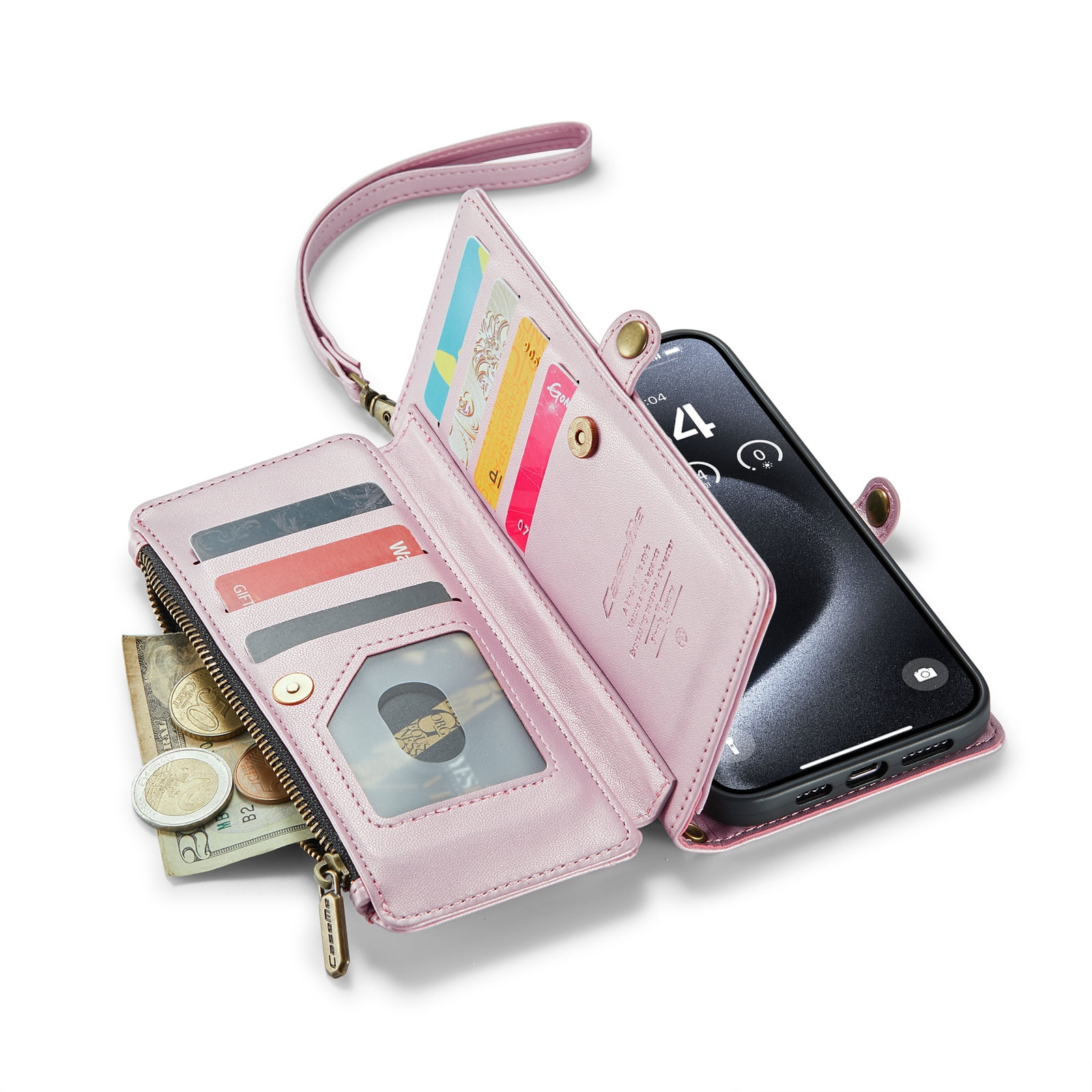 PINSAI Crossbody iPhone 13 Wallet Case with 7-Card Holder Zipper Bills Slot, Soft PU Leather Magnetic Flip Wristlet Shoulder Strap Phone Case Wallet for Women,Rose Gold