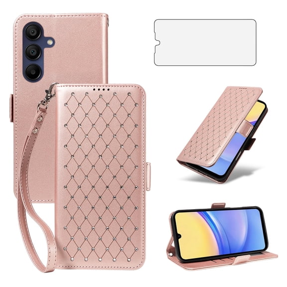Asuwish Phone Case for Samsung Galaxy A15 Wallet Case, Shiny Leather Wallet Cover with Wriststrap with 51 Card Holder Slots Kickstand Shockproof Case for Samsung Galaxy A15-Beige