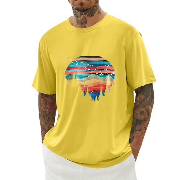 IWRICH Men's Casual Crew Neck Oversize T Shirts Graphic Printed Short Sleeve Plus Size Tshirts Casual Loose Fit Summer Tops Yellow XS