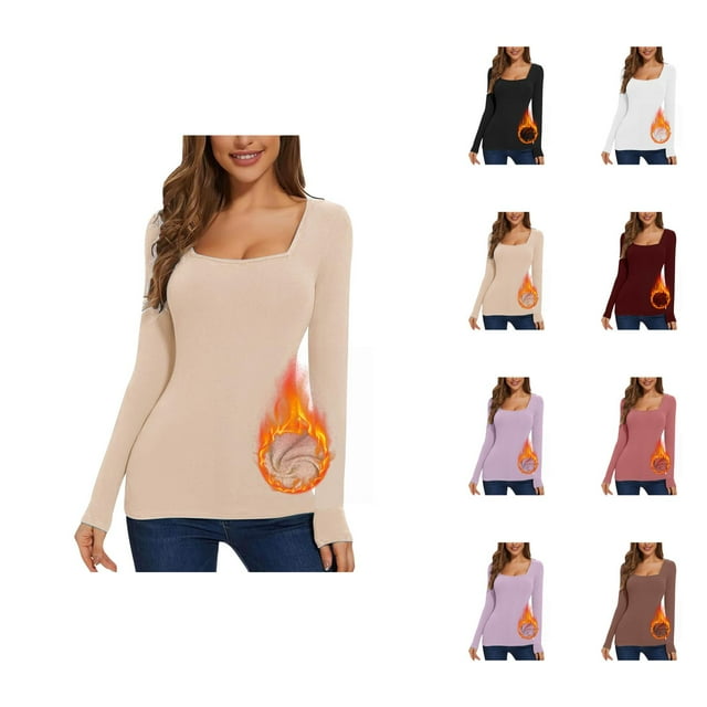 Womens Long Sleeve Shirts 2026 Fall Winter Basic Square Neck Slim Fit Breathable Undershirt T Shirt