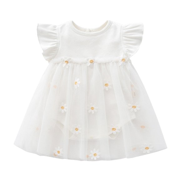 MIASHUI Korean Style Floral Print Summer Dress for Girls Short Sleeve Baby Outfit Toddler Party Wear White,90