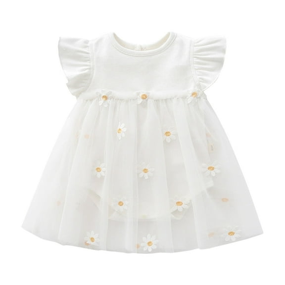 SonxaHe Dress for Newborn Girl Daisy Prints Ruffle Sleeve Mesh Dress Children Cute Summer Outdoor Princess Dresses White,Size 0-3 M