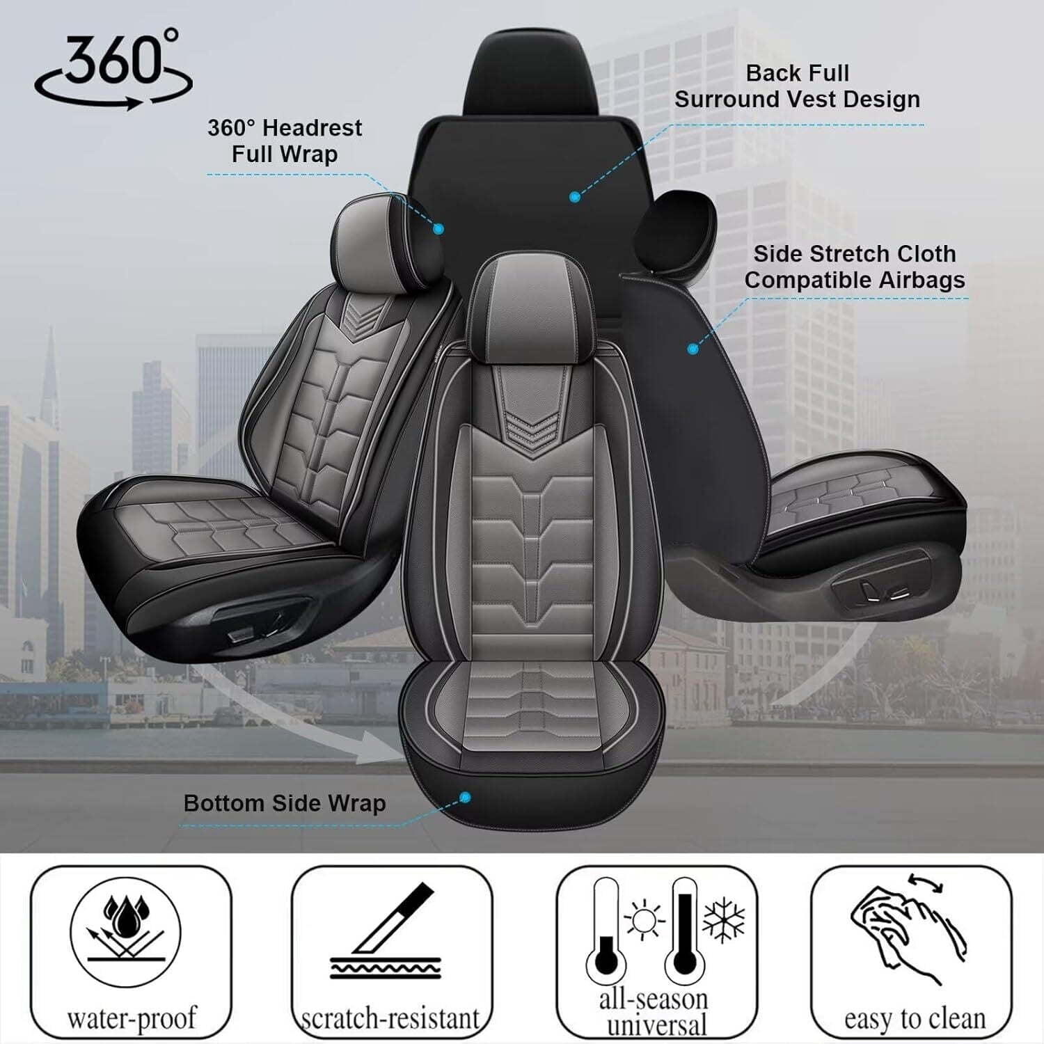 LAONNVIR Car Seat Covers Full Set Fit for Toyota RAV4 2013-2024 2025 Waterproof Leather Automotive Seat Cushion Protector(Black&Grey,5Seats)