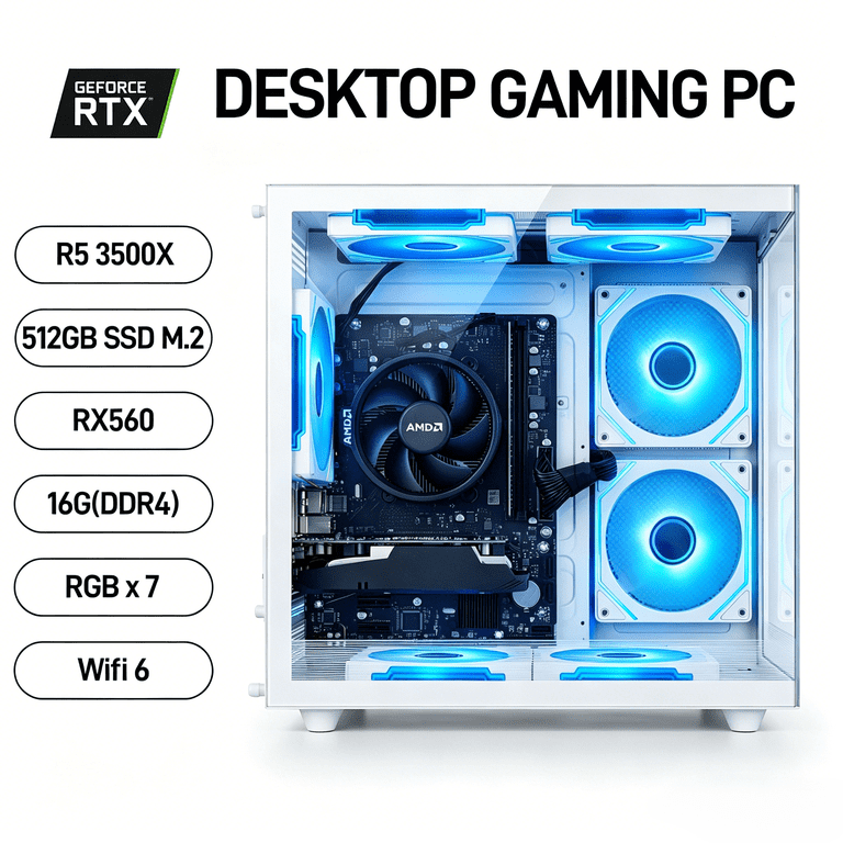 WIWB Gaming Desktop PC, Ryzen 5 3500X, RX560 4G, 16GB RAM, 512GB 