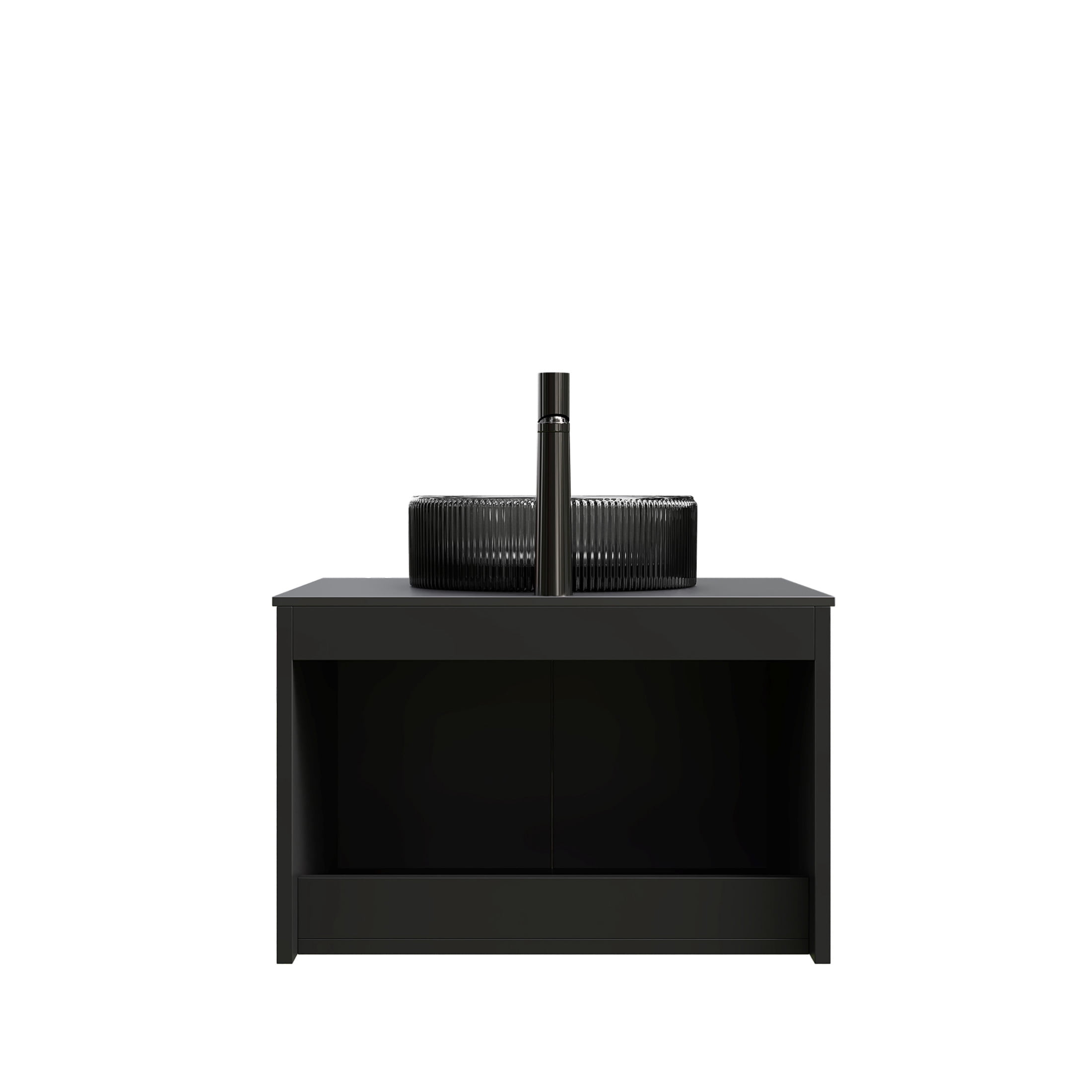Noble House RUBEN 24" Floating Bathroom Vanity, Sintered Stone Top Cabinet with Black Round Glass Vessel Sink, Black