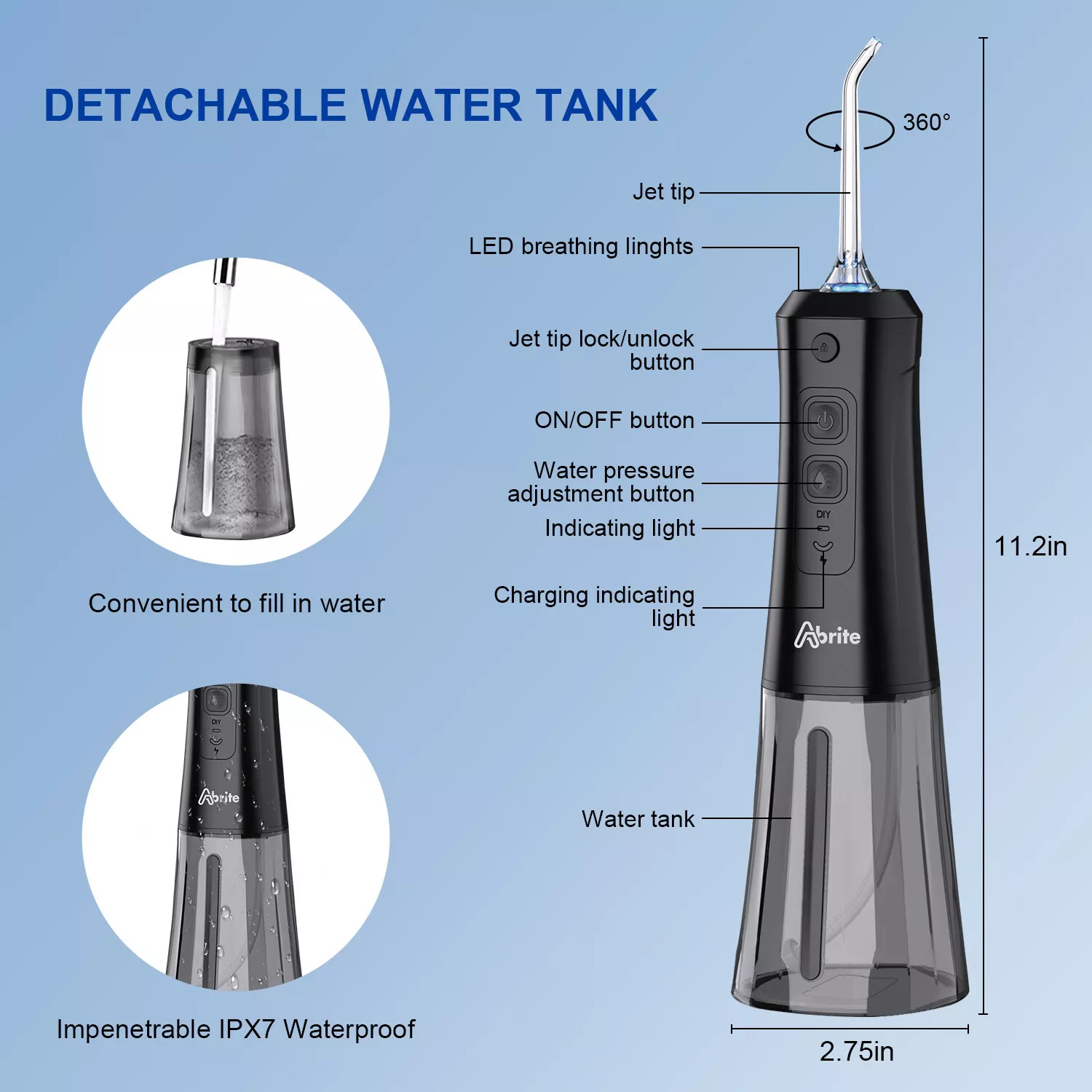 Abrite Cordless Water Flosser for Teeth Braces, Hygiene, DIY Speed 250ml Portable Oral Irrigator Dental Cleaner 7 Water Jet Tips, Black