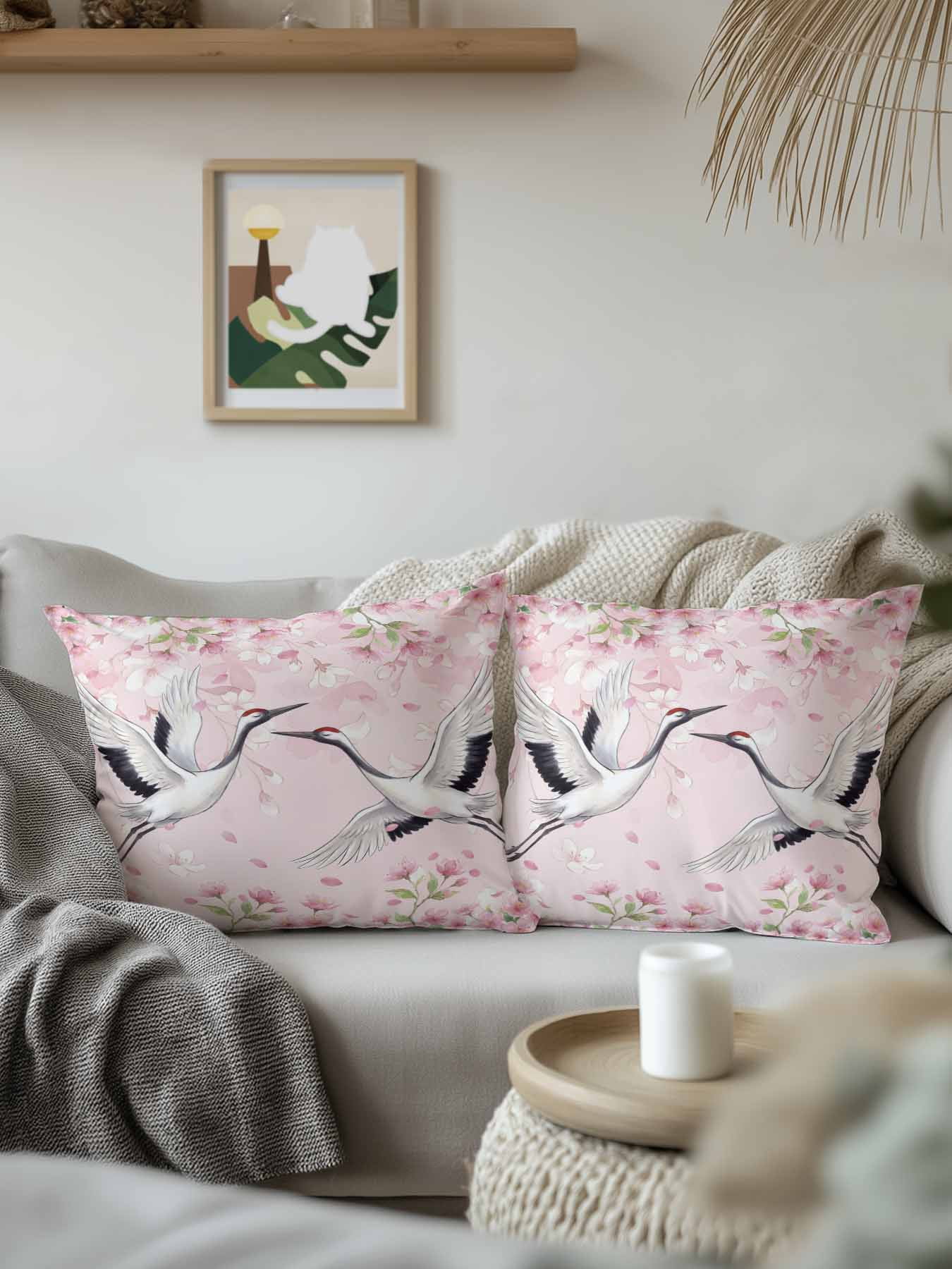 1 Pack Outdoor Pillows Waterproof, Cherry Blossom Crane Indoor/Outdoor Throw Pillows with Inserts, Pink Spring Modern Farmhouse Floral Decorative Pillow for Patio Furniture Chairs Couch