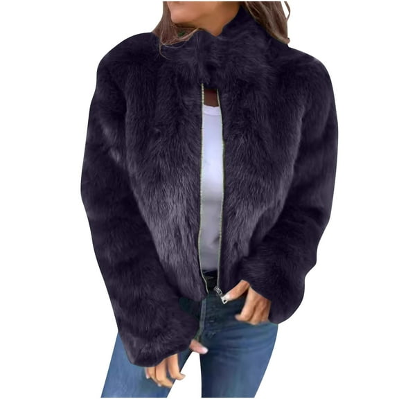 Drses Women's High Collar Fur Zipper Casual Jacket Winter Fuzzy Cropped Jacket Furry Faux Fur Sherpa Fleece Teddy Coat
