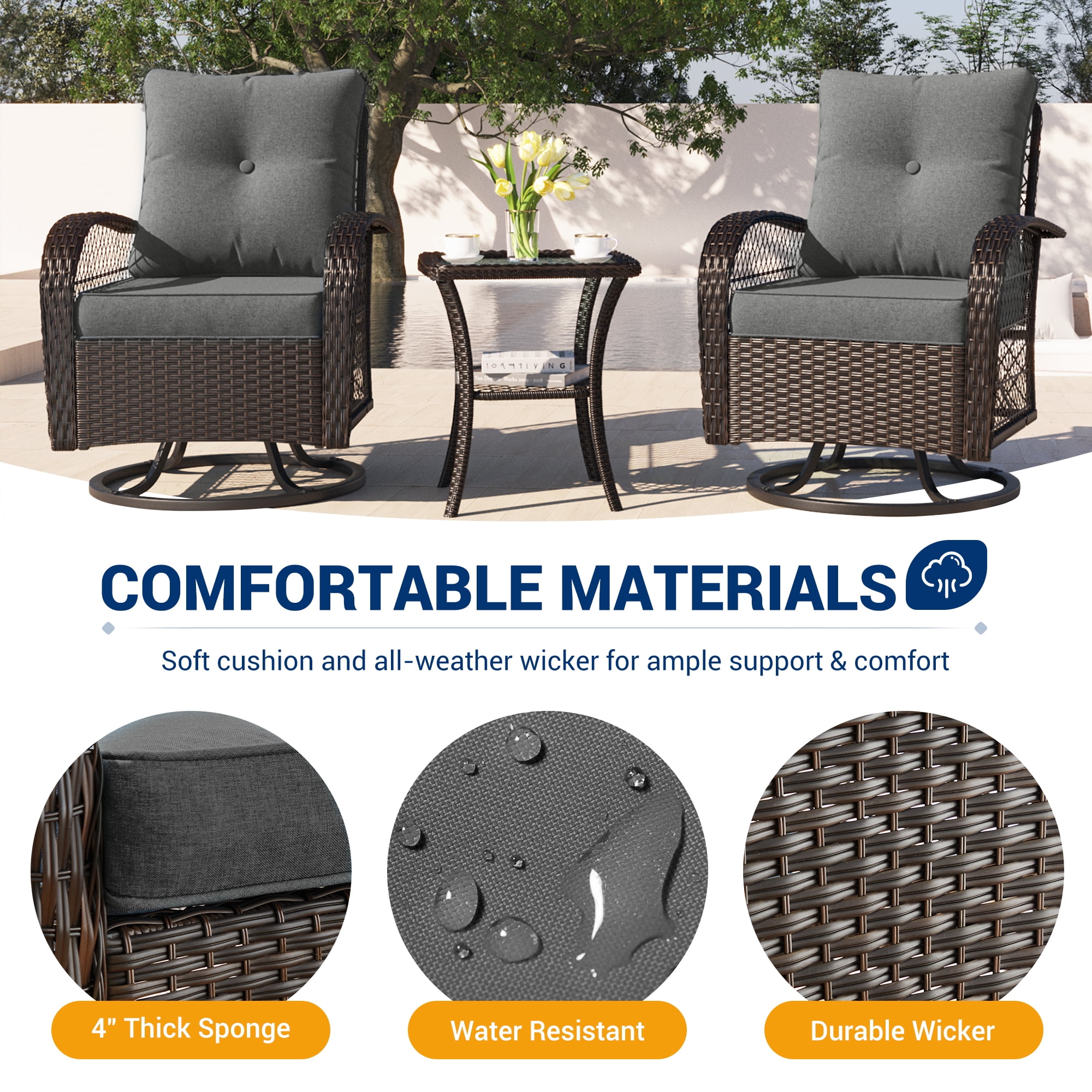 Techmilly 3 Pieces Patio Furniture Set, Outdoor Swivel Gliders Rocker, Glass Top Side Table (Grey)