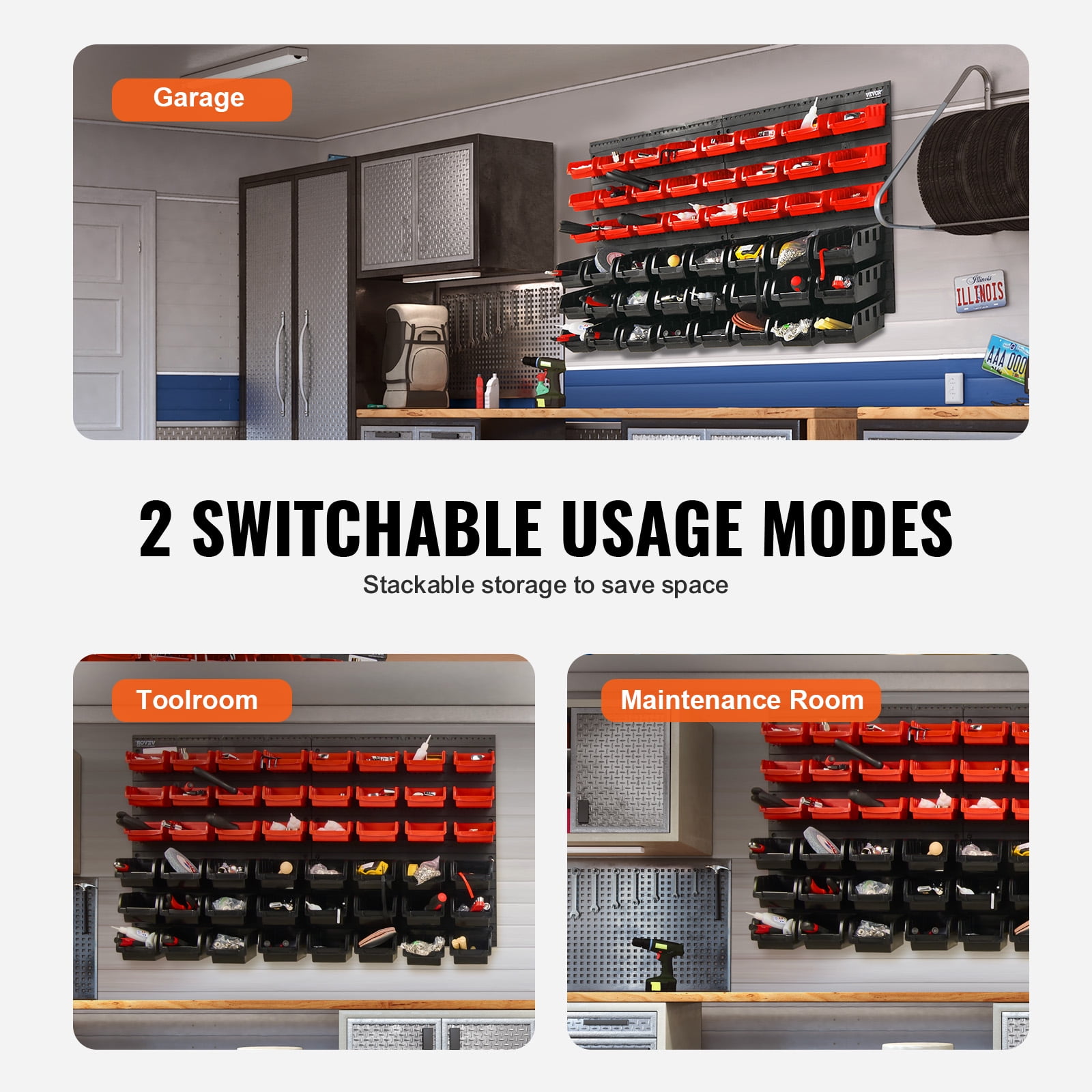 KFFKFF Wall Mounted Storage Bins Small Parts Organizer Garage Tool Rack 48 Bins