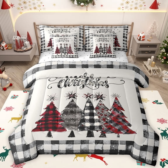 Manfei Graffiti Xmas Tree 7-Piece Twin Bedding Sets,Merry Christmas Bedding Comforter Set,Red Gray Black Sheet Sets For Girl Kids,Ultra Soft Home Decor