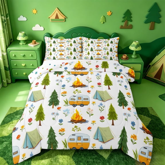 Catabedysis Floral Camping Full Size Comforter Sets,Caravan Tent Pattern Bedding Comforter Set For Boys,Multicolor,Polkadot Reversible,3 Pieces,1 Comforter and 2 Pillowcases