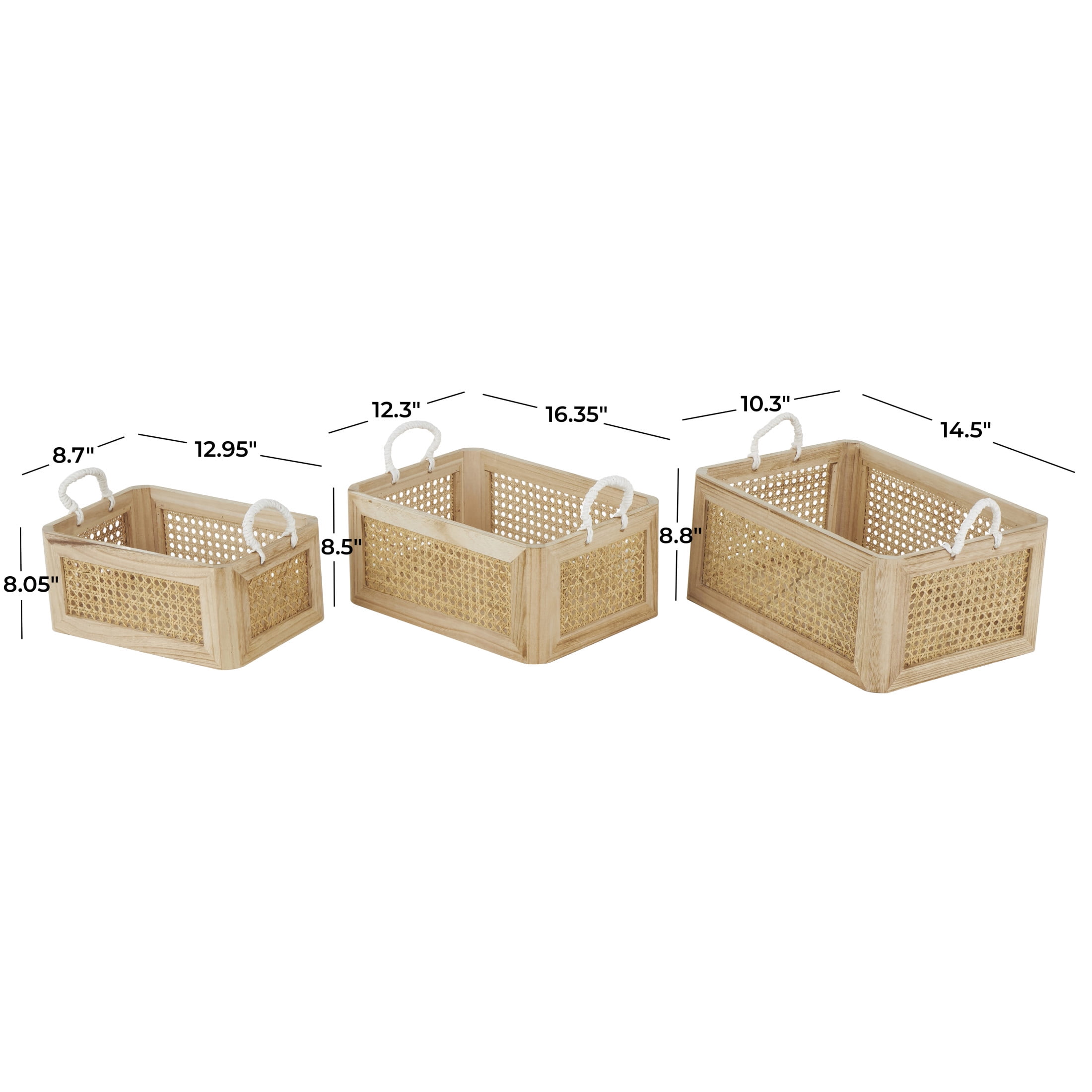 DecMode 16", 15", 13"W Brown Rattan Woven Storage Basket with Rope Handles, 3-Pieces