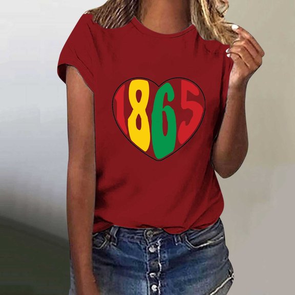 Itsame 4th of July Shirts Women Independence Day Short T-Shirt Sleeve American Flags Printed Short Sleeve Top, Round Neck Wine