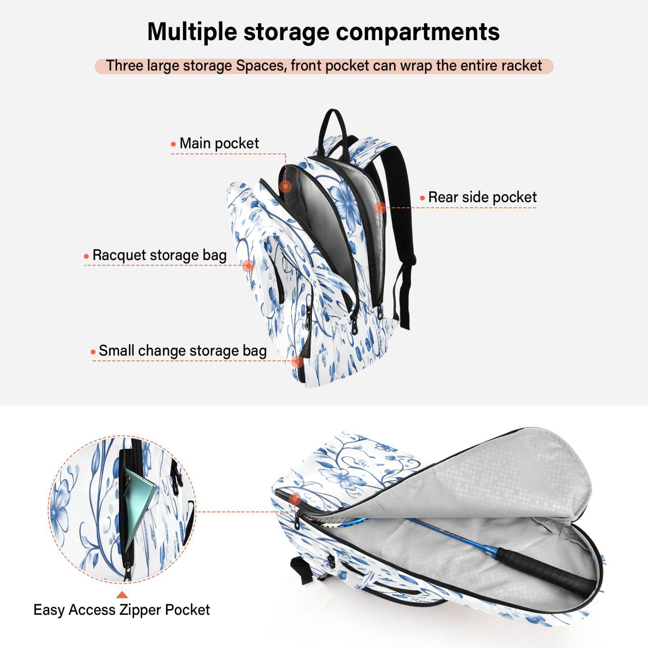 2 Racquet Holder Tennis Backpack Tennis Racket Covers Gym Bags Blue Floral Designs