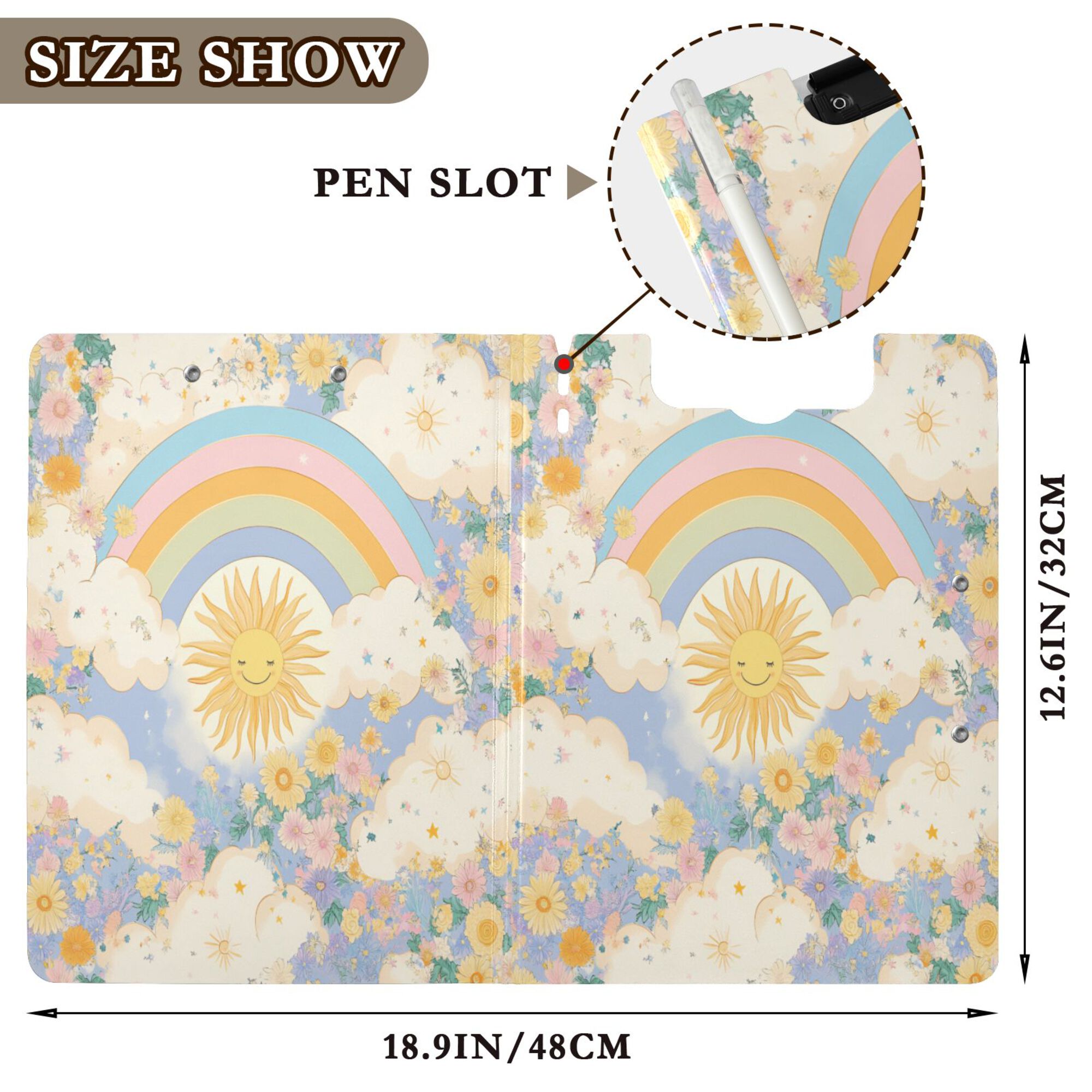 FORMRS A4 Clipboard Folder with Pen Holder Horizontal Foldable School Office Binder, Purple Rainbow Clouds