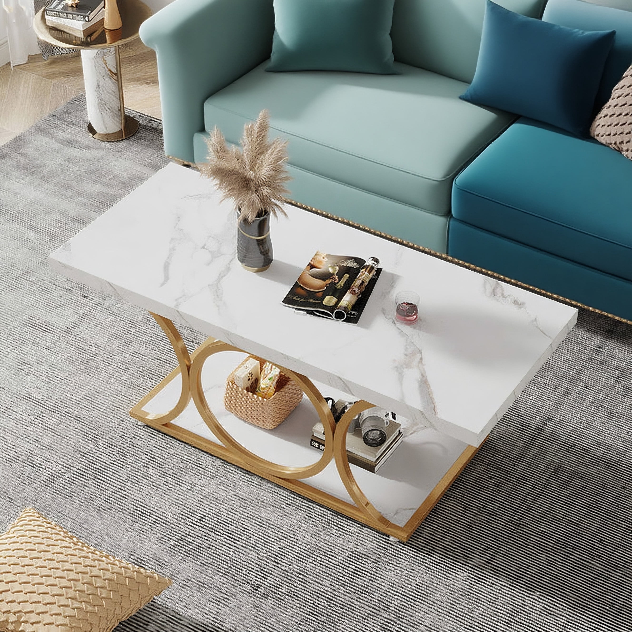 Rectangle Coffee Table 47.24", Modern 2-Tier Center Table with Faux Marble Top & Gold Metal Legs, Sturdy Living Room Coffee Table
