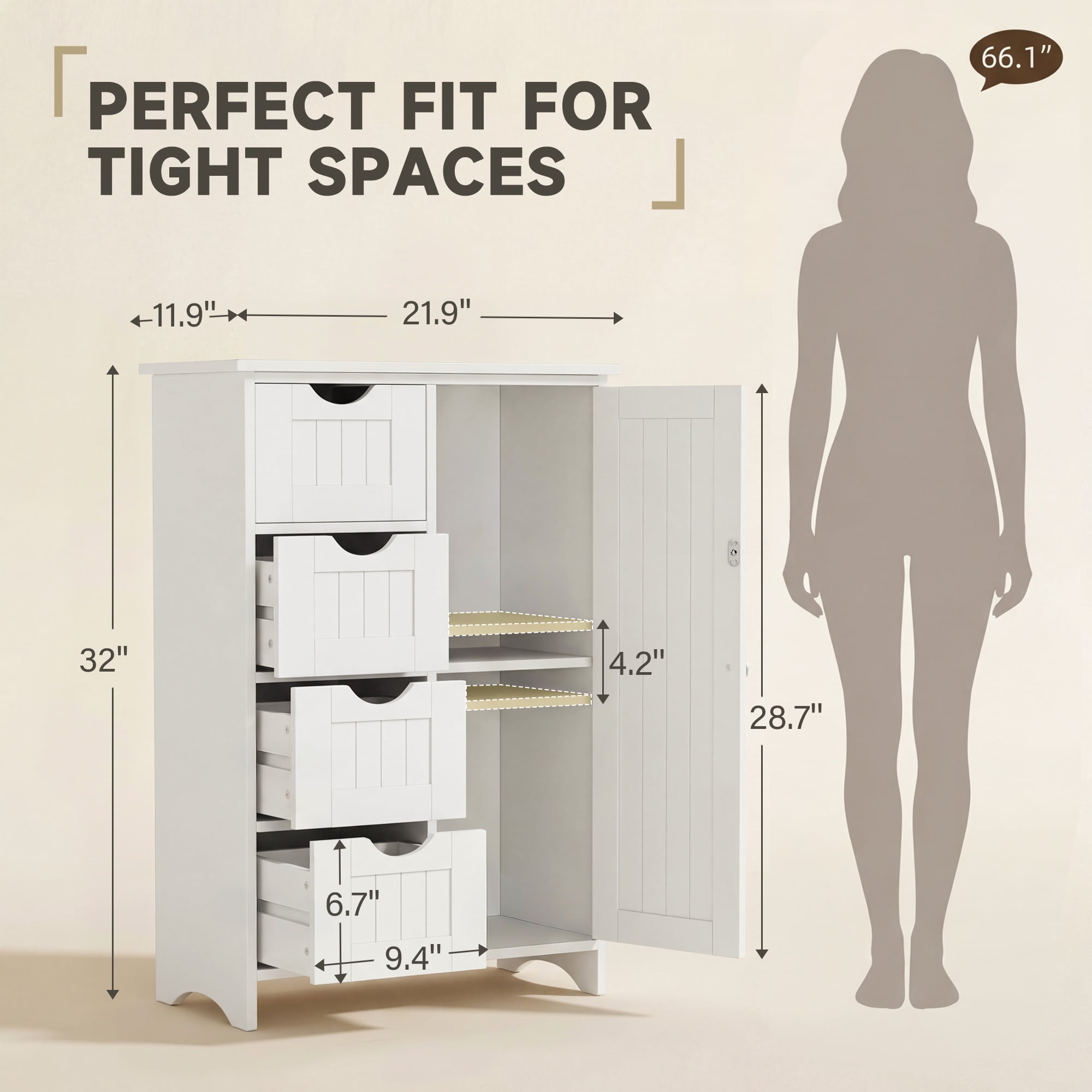 Furmax Wooden Bathroom Floor Cabinet with 4 Drawers, 1 Adjustable Shelf & 1 Cupboard，Side Storage Organizer Storage Cabinet for Bathroom, Entryway, White