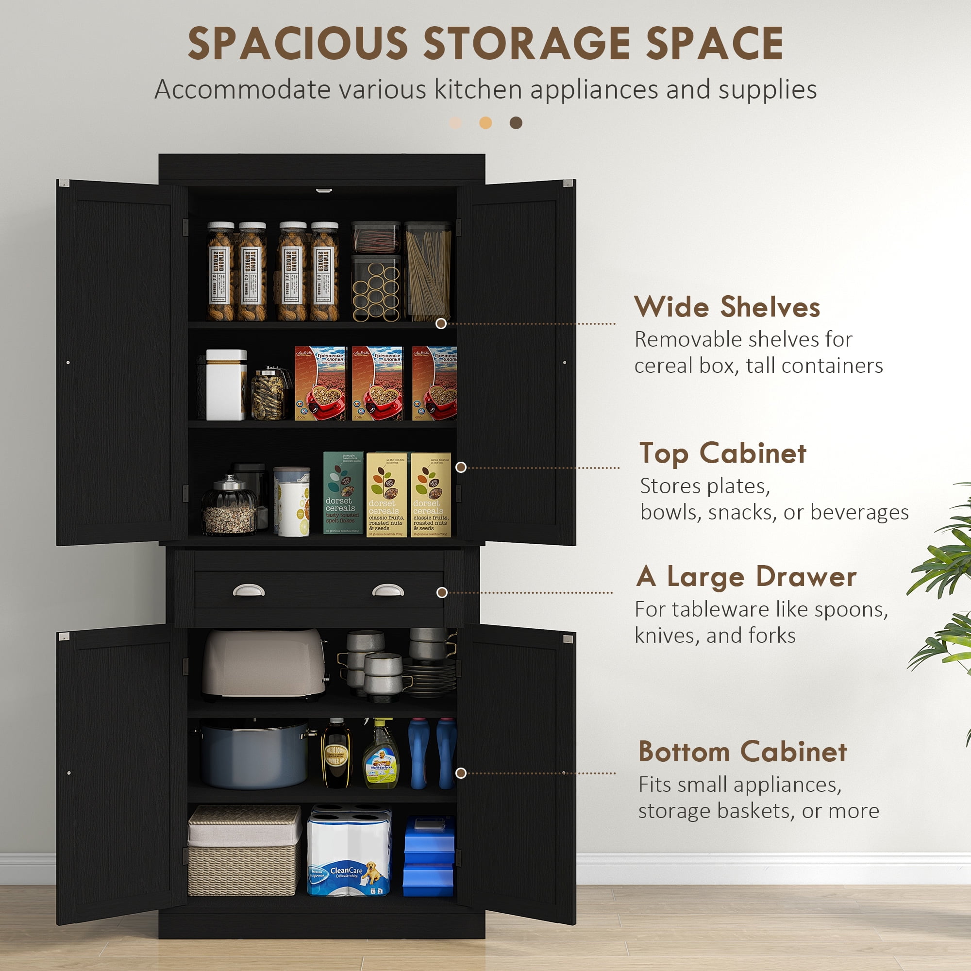 HOMCOM 72.5" Traditional Freestanding Kitchen Pantry Cupboard with 2 Cabinet, Drawer and Adjustable Shelves, Black Wood Grain