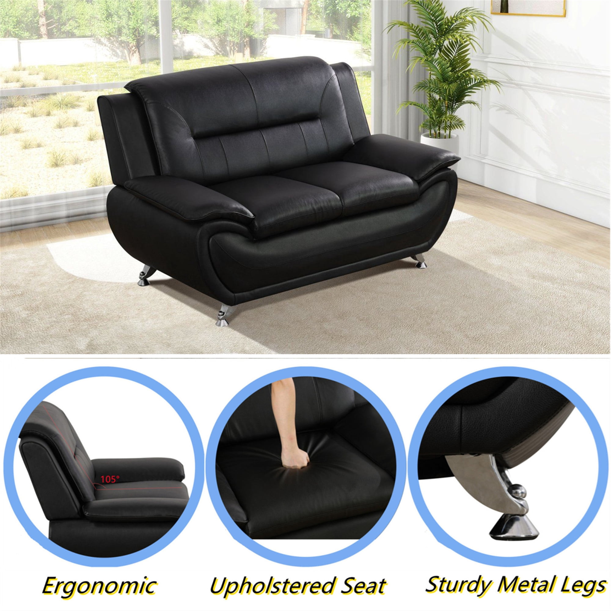 Aukfa 3 Piece Sofa Set - 61" Wide Upholstered Loveseat Couch for Living Room Bedroom, Leather, Black