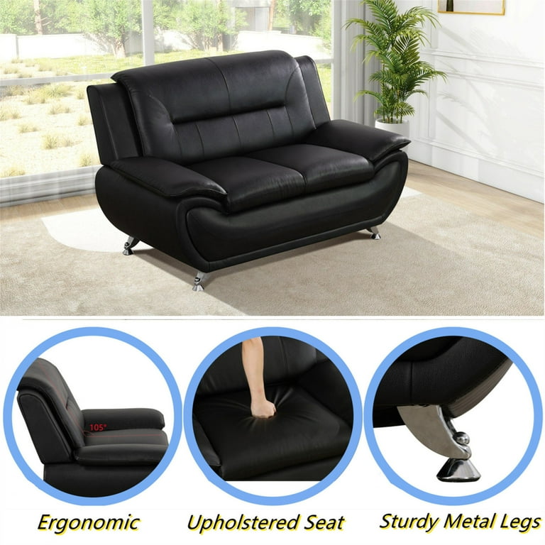 Aukfa 61" Upholstered Loveseat, Black Faux Leather photo 2