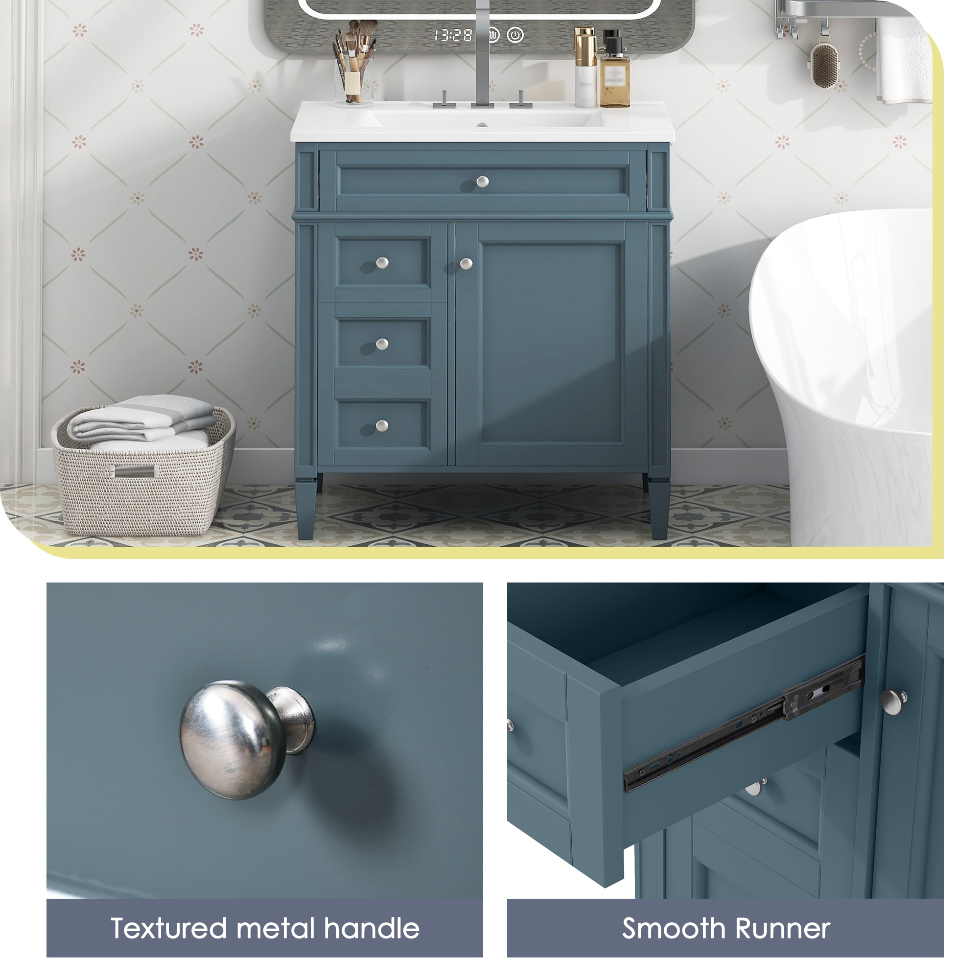 30'' Bathroom Vanity with Top Sink, Modern Bathroom Storage Cabinet with 2 Drawers and a Tip-out Drawer, Single Sink Bathroom Vanity