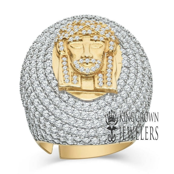 Big Bold Mens Real Yellow Gold Sterling Silver Jesus Face Dome Pinky Ring Simulated Diamonds Band