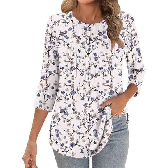 Jsaierl Womens 3/4 Length Sleeve Tops Summer Round Neck Shirts Boho Print Petite Pleated Blouses Classic Elegant Tunic Top S-2XL