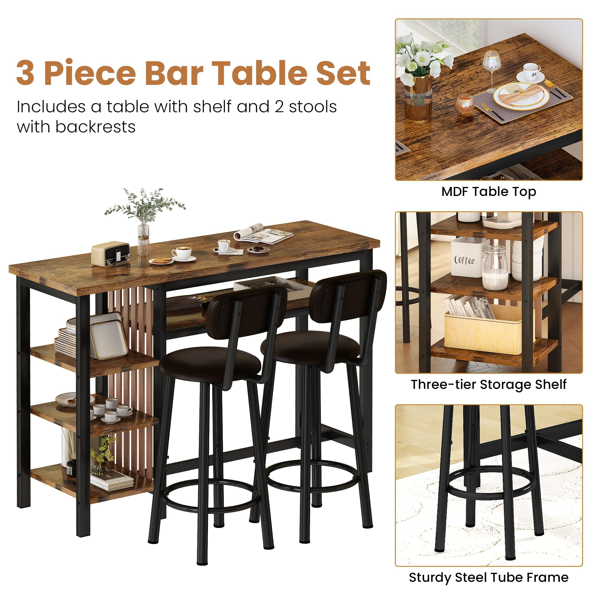 Lamerge Bar Dining Table Set for 2, 3 Piece Bar Table and Chairs Set, Kitchen Counter Height Dining Table Set, Small Kitchen Bar Table with Storage, Breakfast Nook Set for Small Space, Rustic Brown