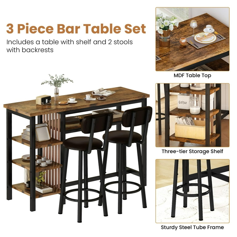 Lamerge Dining Table Set for 2, Rustic Brown, Counter Height MDF