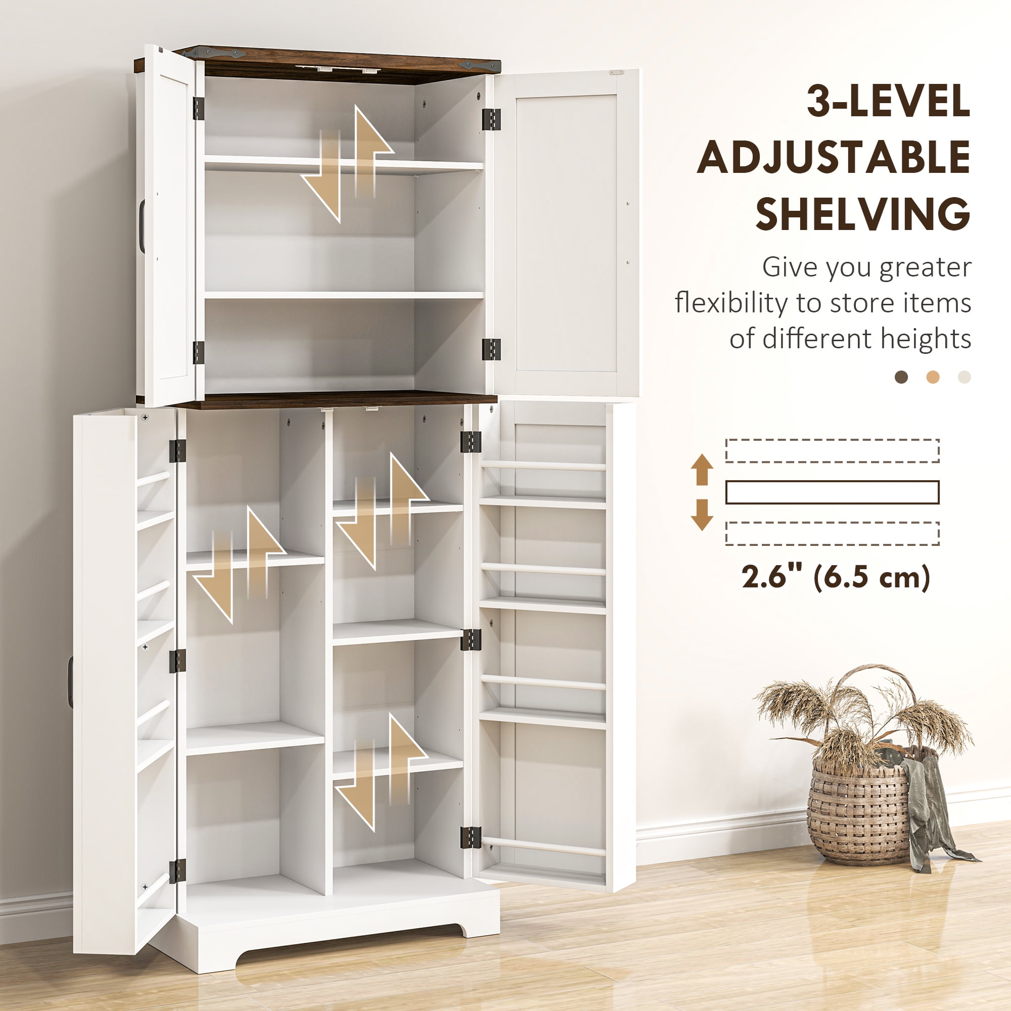 HOMCOM 64" Kitchen Pantry Storage Cabinet with Motion Sensor Light, Spice Racks and Adjustable Shelves, White
