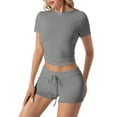 thumbnail image 4 of ibiyuan 2 Piece Sets For Women Summer Women's Casual Summer Shorts Set Round Neck Short Sleeve Comfortable Outfit Pure Color Tops And Bottoms Two Piece, 4 of 7