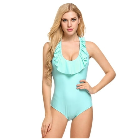 Ruffled One Piece - Women Slimming Swimwear Halter Backless One Piece Swimsuit Ruffled Floral Womens Bikinis Beach Wear HFON
