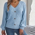 thumbnail image 4 of Cable Knitted Sweaters for Women Long Sleeve V Neck 3 Button Solid Tunic Pullover Tops Trendy Jumper Fall 2025 Blue,L, 4 of 6