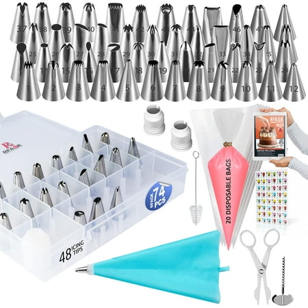 

74PCs Icing Piping Bags and Tips Set-Cookie Cupcake Icing Tips Cake Decorating Kit Baking Supplies -48 Numbered Cake Frosting Piping Tips with Reusable& Disposable Pastry Bags with Pattern Chart&Ebook